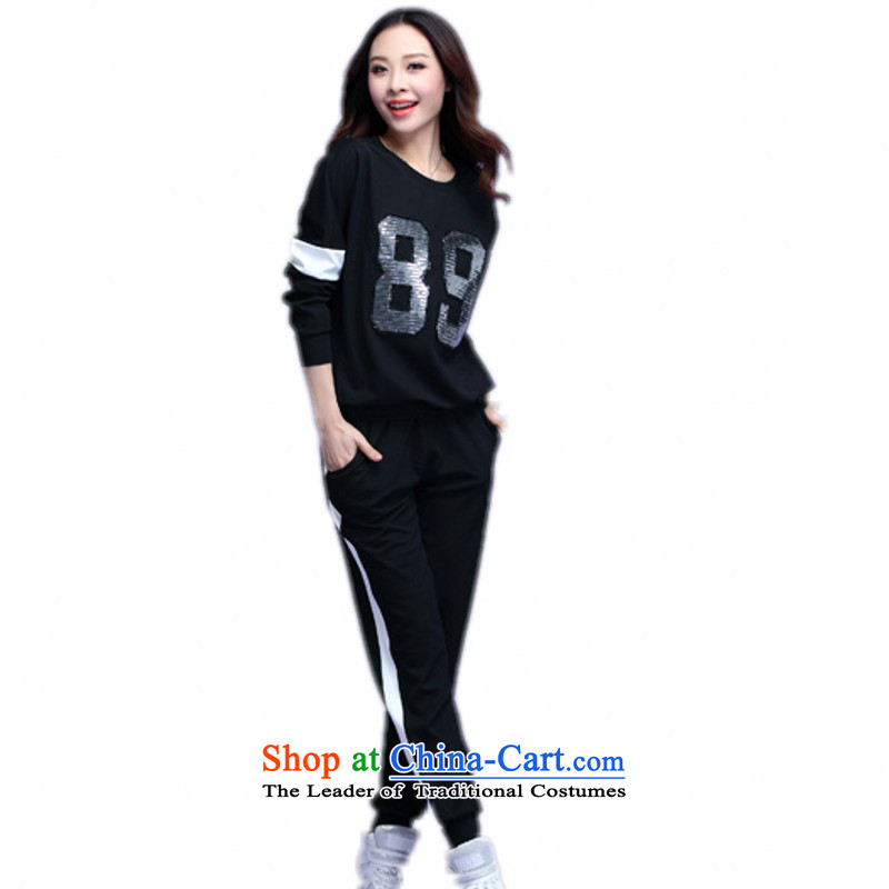 C.o.d. Package Mail to xl women's two kits sweater kit long-sleeved shirt Sports wear long trousers home leisure large fat mm spring pack Black? XL?approximately 130-145 catty
