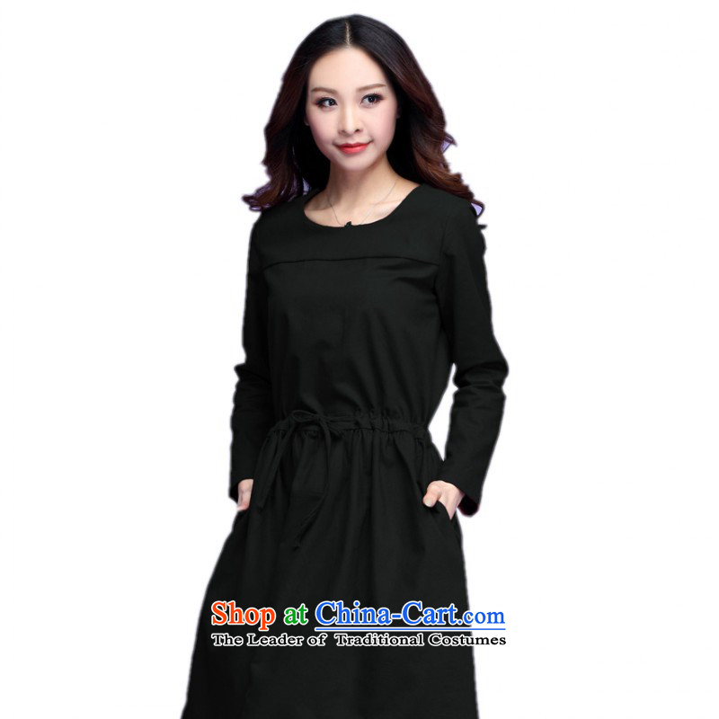 C.o.d. Package Mail 2015 new xl leisure retro cotton dress OL round-neck collar in long-sleeved skirt thick mm commuter video thin black XL approximately 130-145 skirts catty