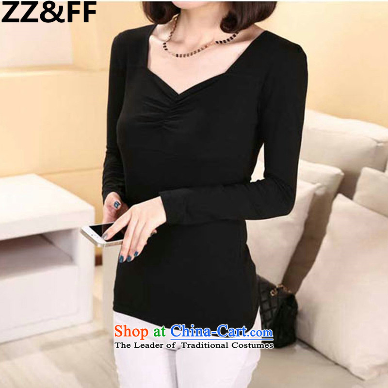 Install the latest Autumn 2015 Zz_ff_ to increase the number of women with thick MM200 catty bubble cuff elastic Sau San Graphics V-Neck thin long-sleeved T-shirt female black XXXL