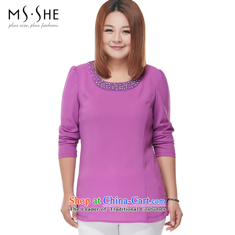 Msshe xl women 2015 new autumn romantic round-neck collar chiffon shirt shirt t-shirt 26233XL Purple
