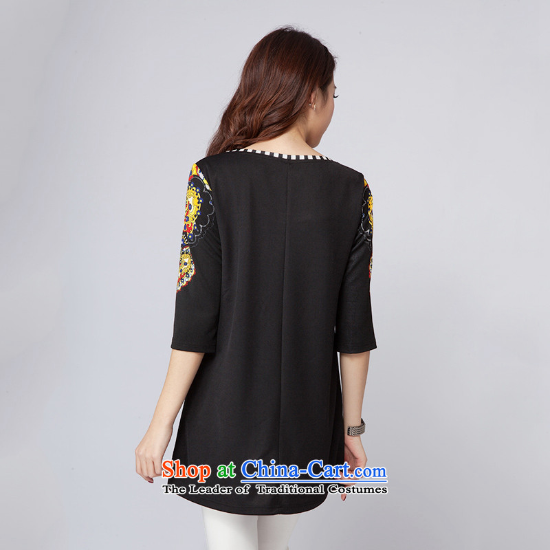 The spring of the new big missdonut2015 code Women Korean loose to intensify the stylish stamp neck long chiffon shirt black large code 3xl,missdonut,,, shopping on the Internet