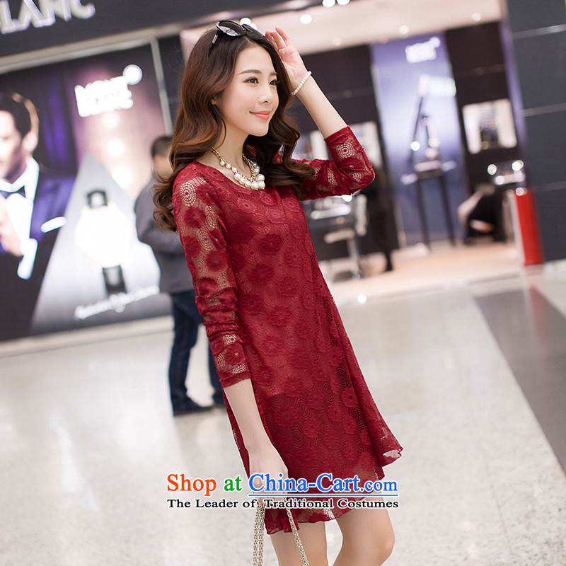 Missdonut xl female lace dresses long-sleeved Korean version of video thin, thick thick solid mm skirts sister wine red l,missdonut,,, large shopping on the Internet