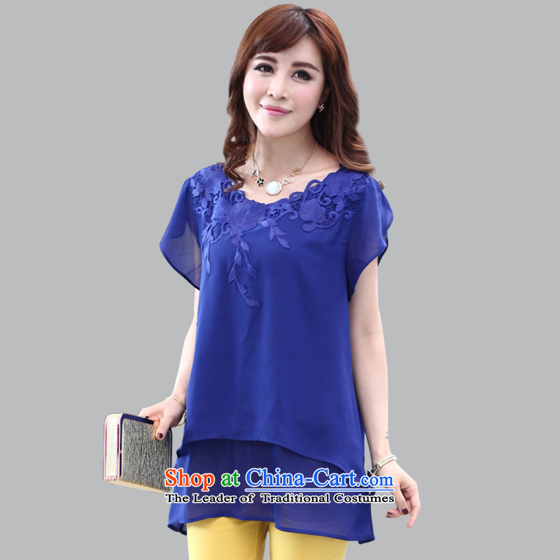 The lymalon lehmann spring and summer 2015 New Product Code women thick sister loose T-shirt niba embroidered edge chiffon Netherlands 1314 Blue XL, Sulaiman Ronnie (LYMALON) , , , shopping on the Internet
