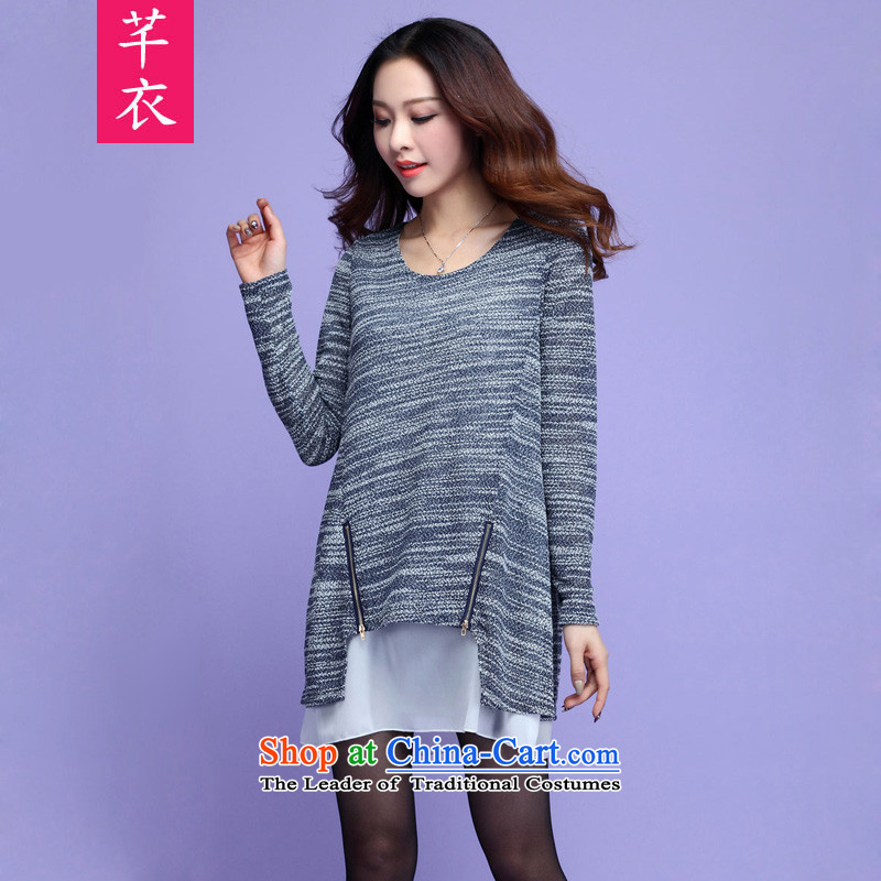 Xl Women 2015 Spring new stylish Korean Sau San video thin knitwear stitching chiffon long-sleeved shirt leave two dress who thick blue skirt to large 3XL 155-170 catty