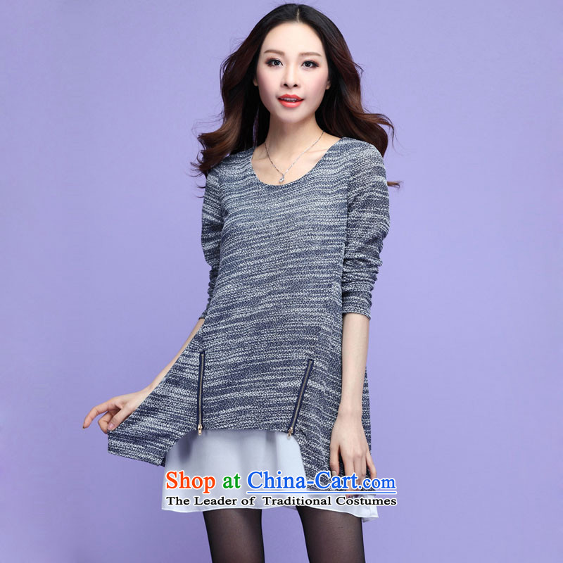 Xl Women 2015 Spring new stylish Korean Sau San video thin knitwear stitching chiffon long-sleeved shirt leave two dress who thick blue skirt to large 3XL 155-170, Constitution Yi shopping on the Internet has been pressed.