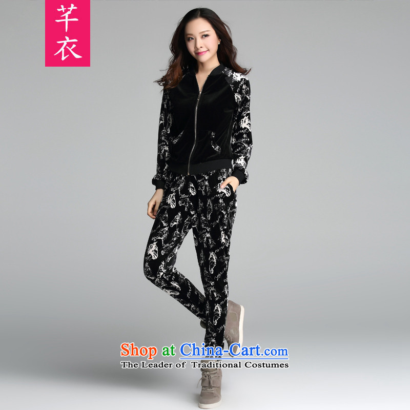 The new boxed 2015 plus autumn hypertrophy code women velvet sweater Korean sports wear casual Sau San two kits thick mm gentlewoman elegant suite to large 4XL 170-185 black catties
