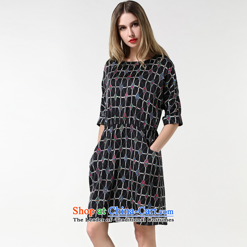 Rui Mei to to increase the number of women 2015 Autumn new thick mm Foutune of video thin retro latticed round-neck collar 7 cuff dresses 1881 Black 3XL, Rui Mei-RIUMILVE) , , , shopping on the Internet