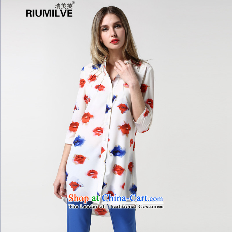 Rui Mei to to increase women's code 2015 Autumn new liberal, Large Stamp 7 in long-sleeved shirt with whiteXXXXXL 1880