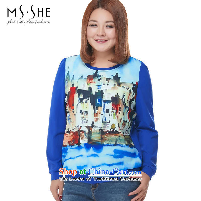 Msshe xl women 2015 new fall of leisure personality building long-sleeved stamp round-neck collar sweater 2673rd blue 4XL