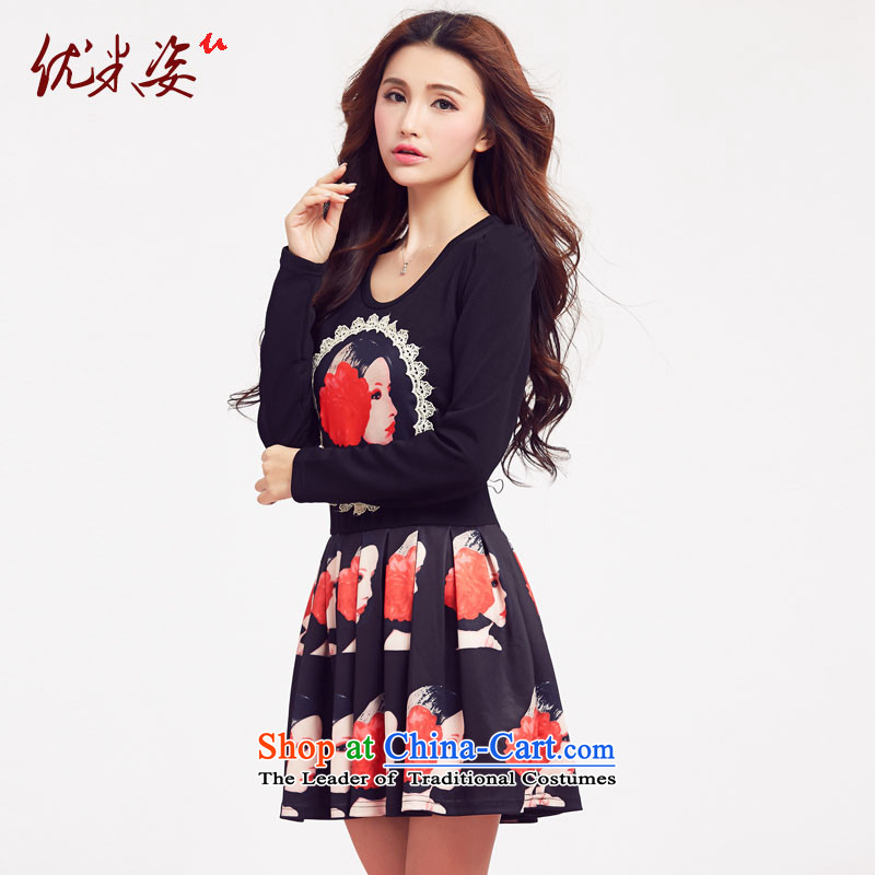 Optimize m large spring 2015 Gigi Lai female thick mm spring Korean Sau San pattern round-neck collar large long-sleeved dresses support C.O.D. XXXXL black 4XL, optimized m postures (umizi shopping on the Internet has been pressed.)