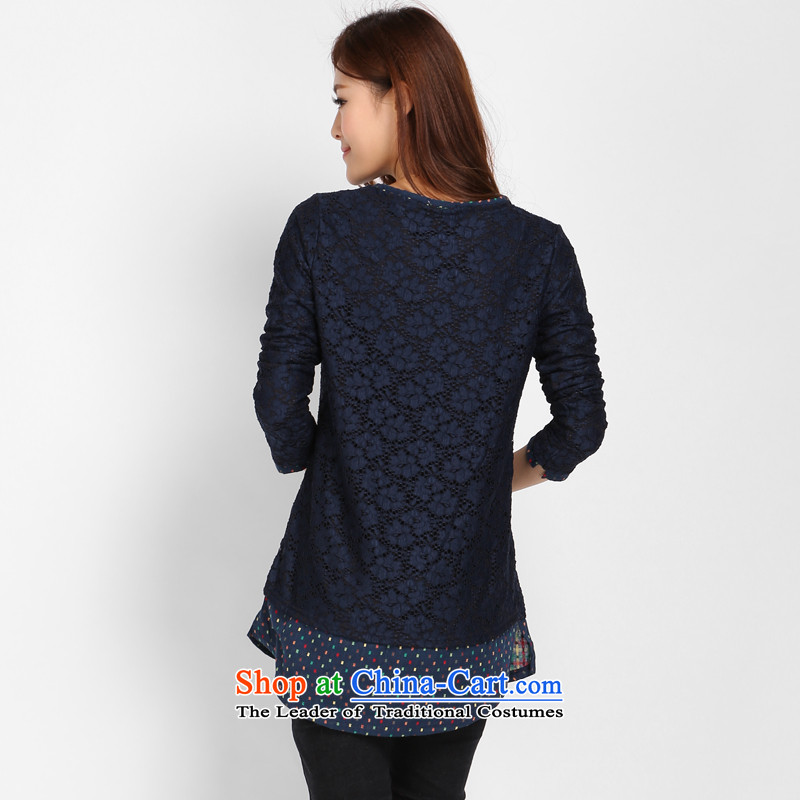 Shani latte macchiato, extra-thick mm female Korean autumn 2015 replacing the new graphics thin lace   T-shirt shirt 6XL sapphire blue autumn 8072 new products, Shani Flower (D'oro) sogni shopping on the Internet has been pressed.