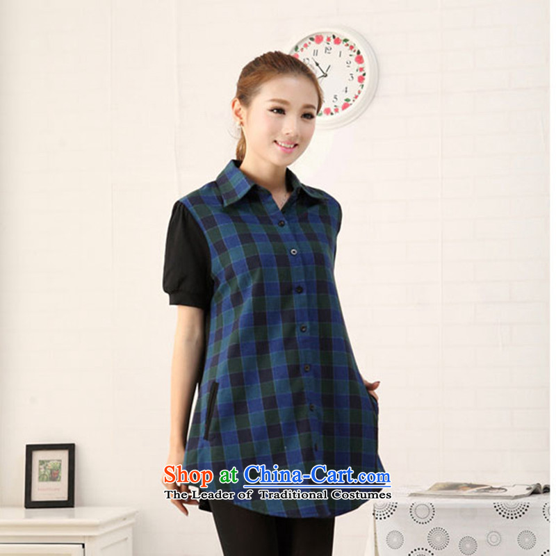 Jade Yi Shu, a thick sister 2014 summer to increase women's burden of code 200 short-sleeved shirt relaxd latticed shirts3XL blue