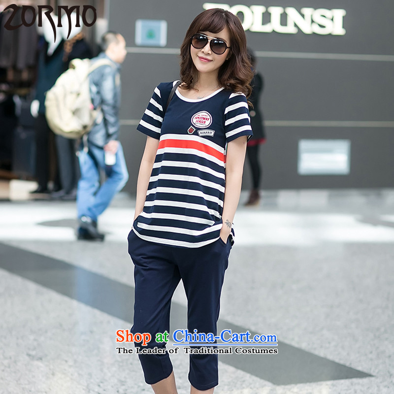The new summer 2015 ZORMO Korean female larger sportswear thick mm to intensify the cotton quality leisure suite royal blue XXL