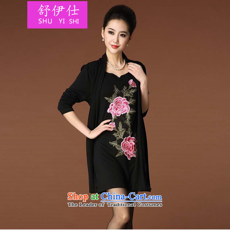 Schui shi2015 autumn and winter in the extra-large older high-end temperament Liberal Women Mudan embroidery kit and a long-sleeved leave two pieces of knitted cotton banquet antique dresses blackXXL