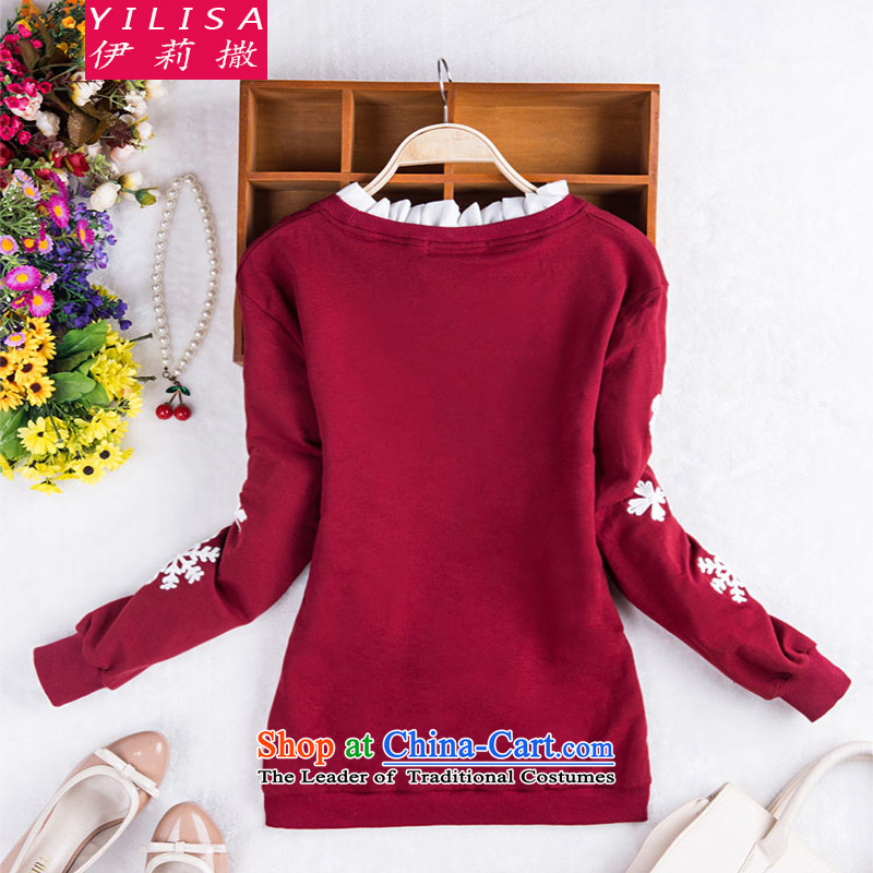 Elizabeth sub-to increase women's code autumn blouses Korean stitching embroidered fresh wild leisure thick MM Fall/Winter Collections, forming the long-sleeved T-shirt H5109 wine red XXXL, Elizabeth (YILISA sub-shopping on the Internet has been pressed.)