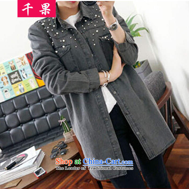 The results of the2015 autumn and winter new Korean to xl thick mm very casual jacket coat cowboy graphics thin nail pearl cowboy yi 6105 smoke gray shirt femaleXL