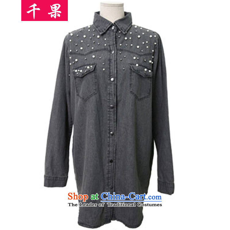 The results of the 2015 autumn and winter new Korean to xl thick mm very casual jacket coat cowboy graphics thin nail pearl cowboy yi 6105 smoke gray shirt female XL, thousands of fruit (QIANGUO shopping on the Internet has been pressed.)