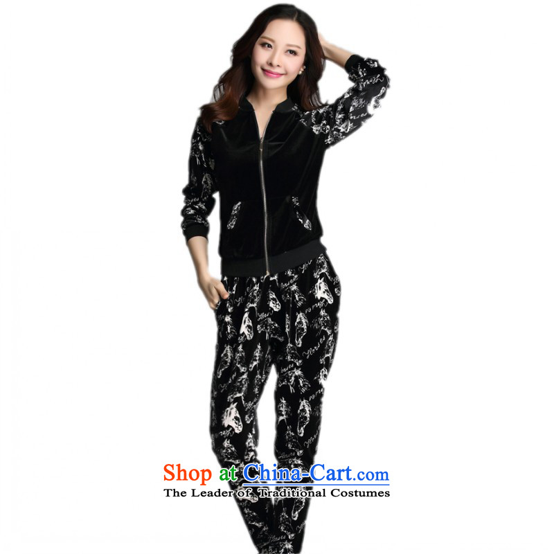 C.o.d. plus hypertrophy code kit Korean fashion two kits velvet sweater long-sleeved sweater stamp Harun long pants thick Mei Sports wear thin Graphics Black?XL?approximately 130-145 catty