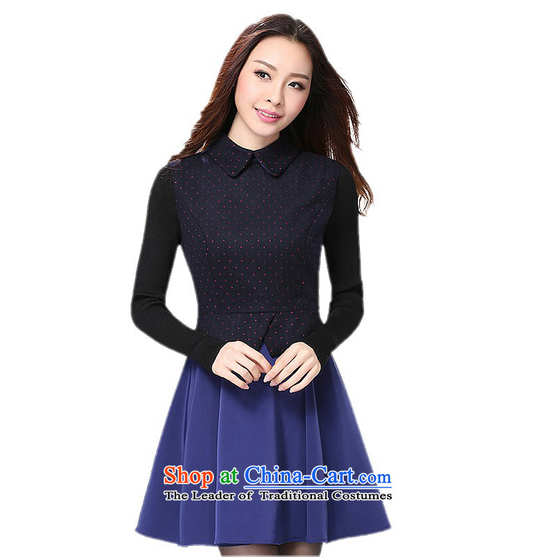 C.o.d. Package Mail thick people dress dresses 2015 autumn, the major Korean version of code reverse collar long-sleeved stamp in the stitching skirt ladies dress skirts vocational blueXLabout 130-145 catty