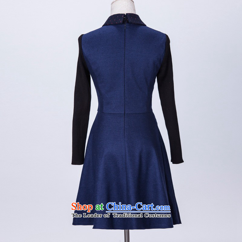 C.o.d. Package Mail thick people dress dresses 2015 autumn, the major Korean version of code reverse collar long-sleeved stamp in the stitching skirt ladies dress skirts vocational blue XL about 130-145, land is of Yi , , , shopping on the Internet