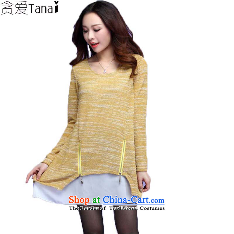 Indulge larger fall inside the new Korean version of recreational leave loose parts in the two long chiffon stitching knitted dresses 3687th Yellow 4XL