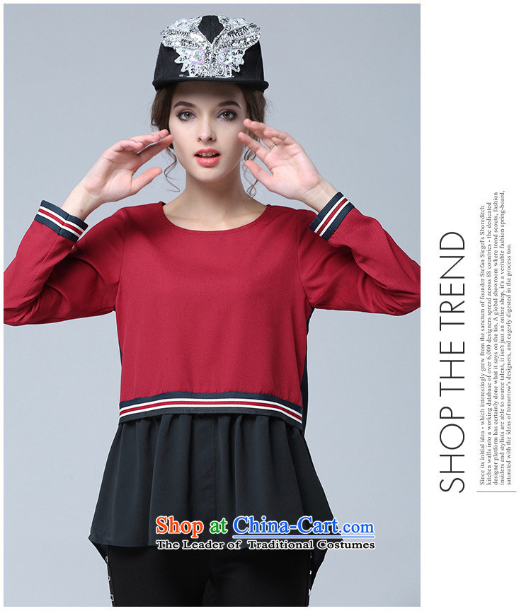 Rui Mei to to increase women's code 2015 Autumn New) thick mm thin knocked color graphics in the stitching long long-sleeved T-shirt, forming the Netherlands N1327 chiffon Red 2XL Photo, prices, brand platters! The elections are supplied in the national character of distribution, so action, buy now enjoy more preferential! As soon as possible.