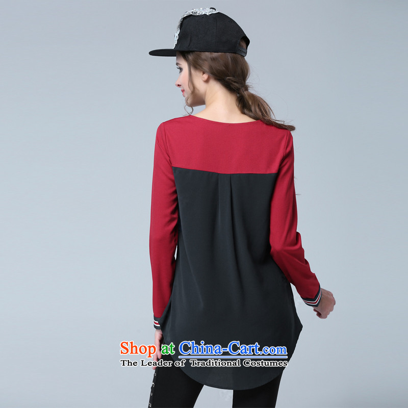 Rui Mei to to increase women's code 2015 Autumn New) thick mm thin knocked color graphics in the stitching long long-sleeved T-shirt, forming the chiffon N1327 shirt , us to red 2XL, RIUMILVE (shopping on the Internet has been pressed.)