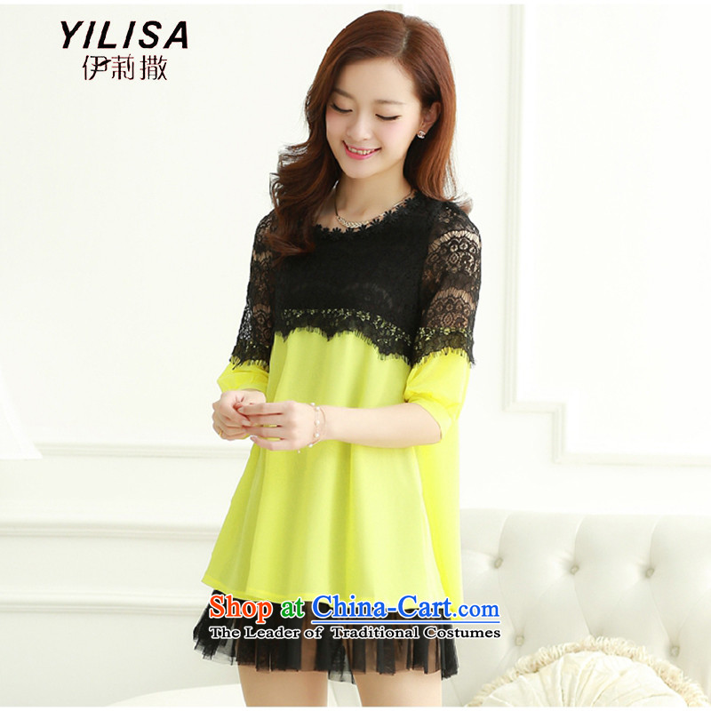 Large YILISA Women 2015 MM thick large spring and summer new Korean loose video thin lace stitching chiffon dresses W9500 XXXL Light Yellow