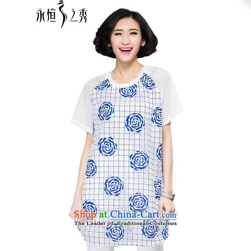 The Eternal Soo-To increase the number of women in the long summer 2015, t-shirts, Hin thick thin thick Korean version of the new SISTER rose blossoms relaxd stylish round-neck blue?XL