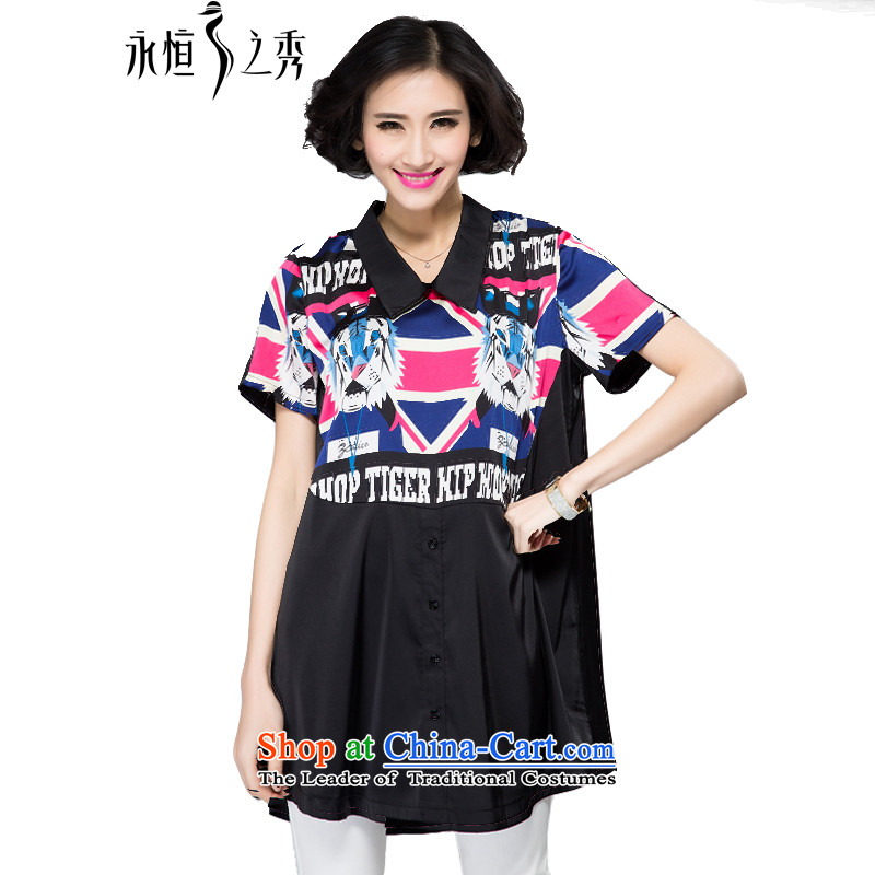 The Eternal-soo to xl ladies casual shirts in the spring and summer of 2015, the sister trendy new_ thick thick, Hin in thin long loose knocked-color printing black shirt Flip4XL