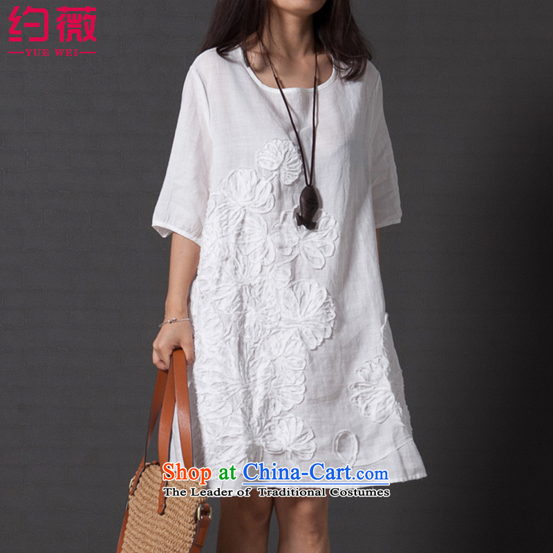 Ms Audrey EU approximately 2015 Spring New larger female loose retro sum of embroidered short sleeves cotton linen dresses YW153WhiteM