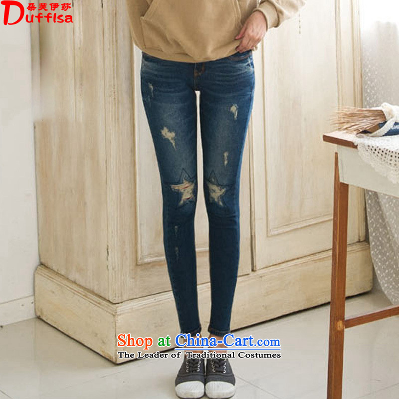 Flower to Isabelle 2015 New Fat MM to extra graphics of the hole in the Sau San thin jeans pants female D1553 Castor Blue 38