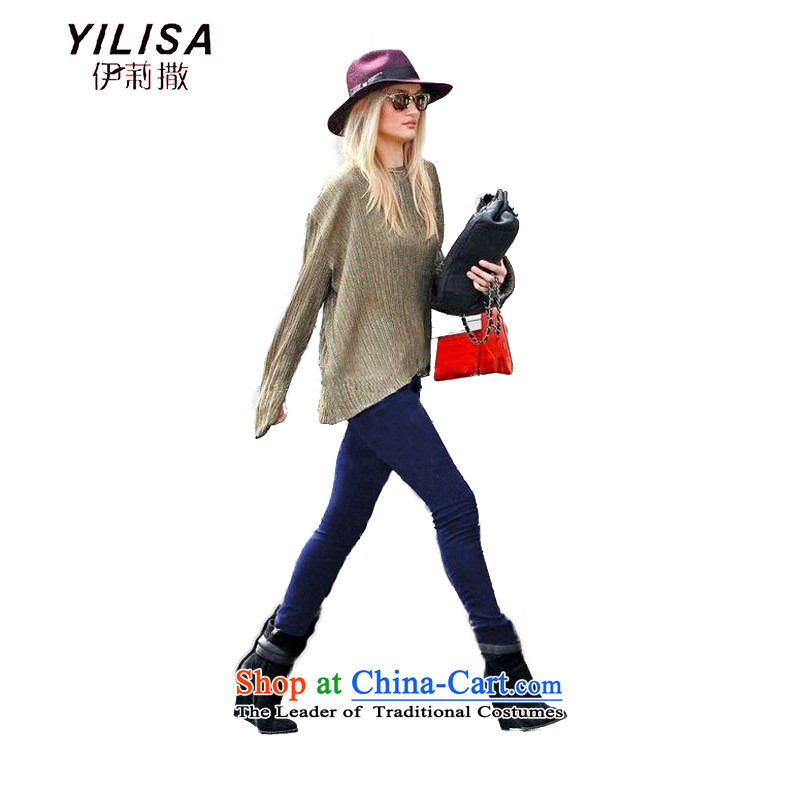 The new maximum code YILISA women Fall_Winter Collections thick MM autumn to replace loose elastic xl jeans elastic waist stitching jeans H6101 XXXL blue