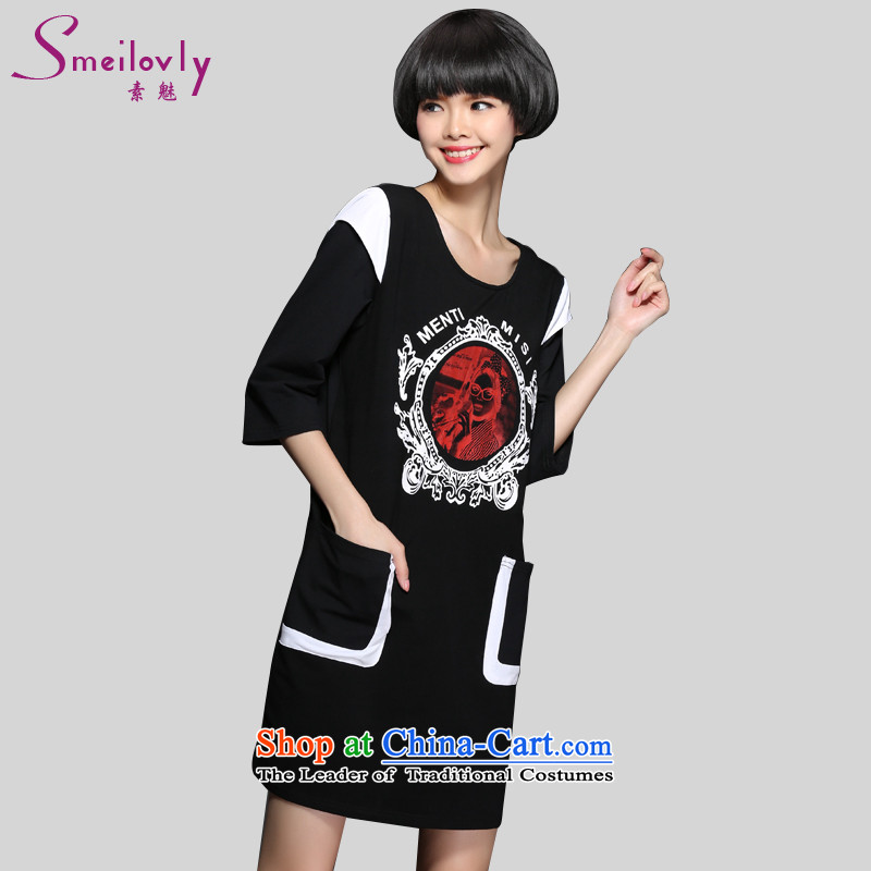 The Director of thick sister 200 catties to increase women's code load spring and autumn MM thick short-sleeved video thin ice woven dresses loose version2 825Large Black XL around 922.747 125