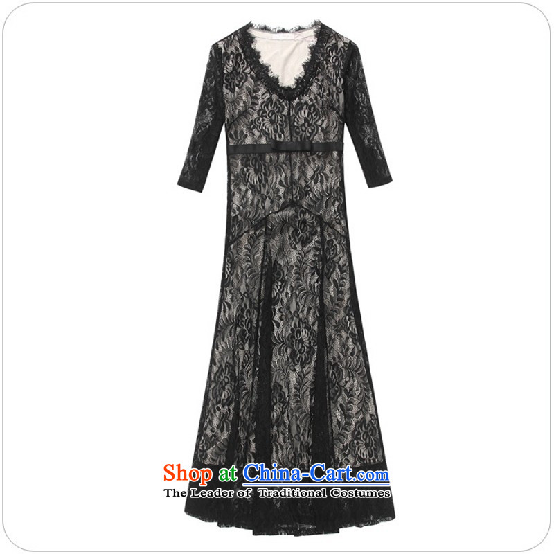 C.o.d. Package Mail Western style engraving lace long skirt xl stylish Sau San V-neck strain elegant dress 7 spring and summer load women sleeved black skirt around 145-160 XXL catty, land is of Yi , , , shopping on the Internet