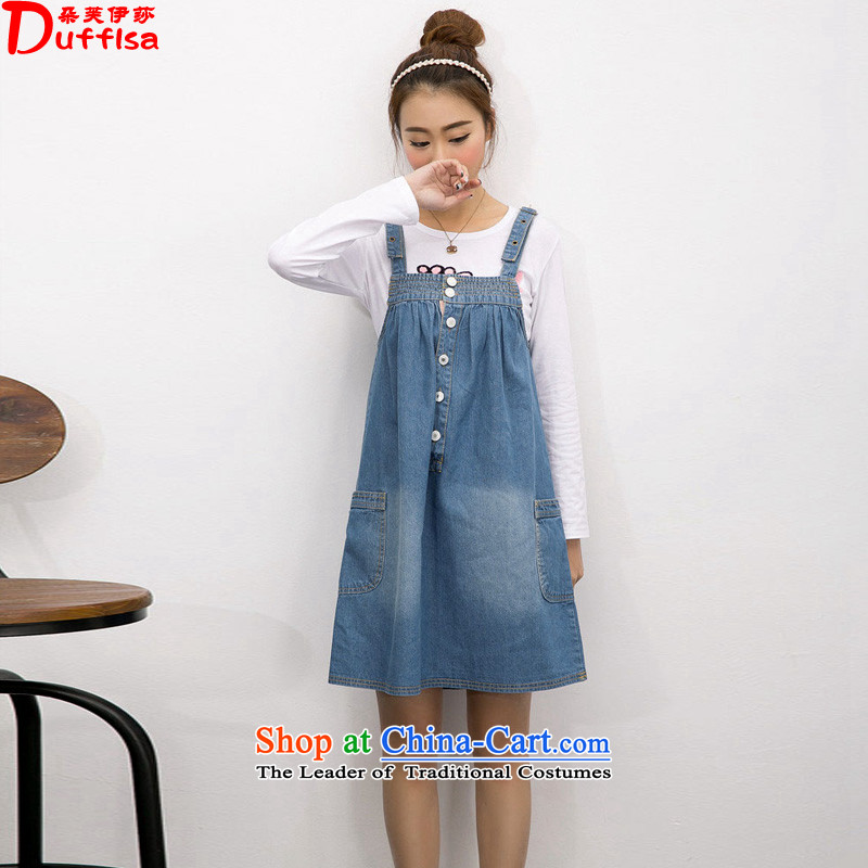 Flower to Isabelle?spring and summer 2015 new Korean large relaxd thick MM cowboy strap skirt strap dresses?D1559?SKYBLUE?XXXL female