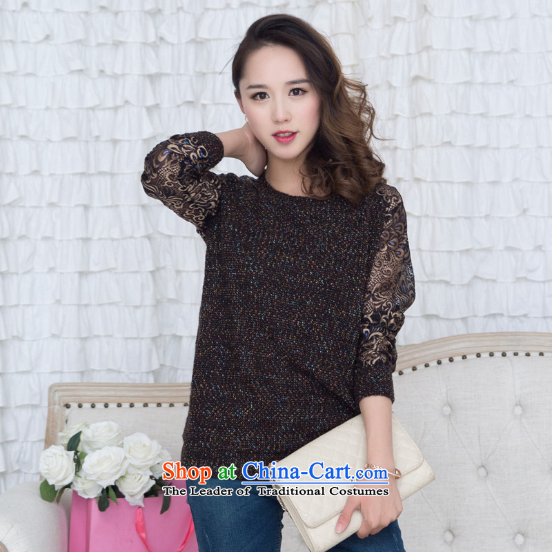 The United States and increase the thick MM2015 Spring New xl female Sleek and versatile lace engraving long-sleeved T-shirt knitting sweater female brown tides forming the intensity of the United States has been pressed 4XL, shopping on the Internet