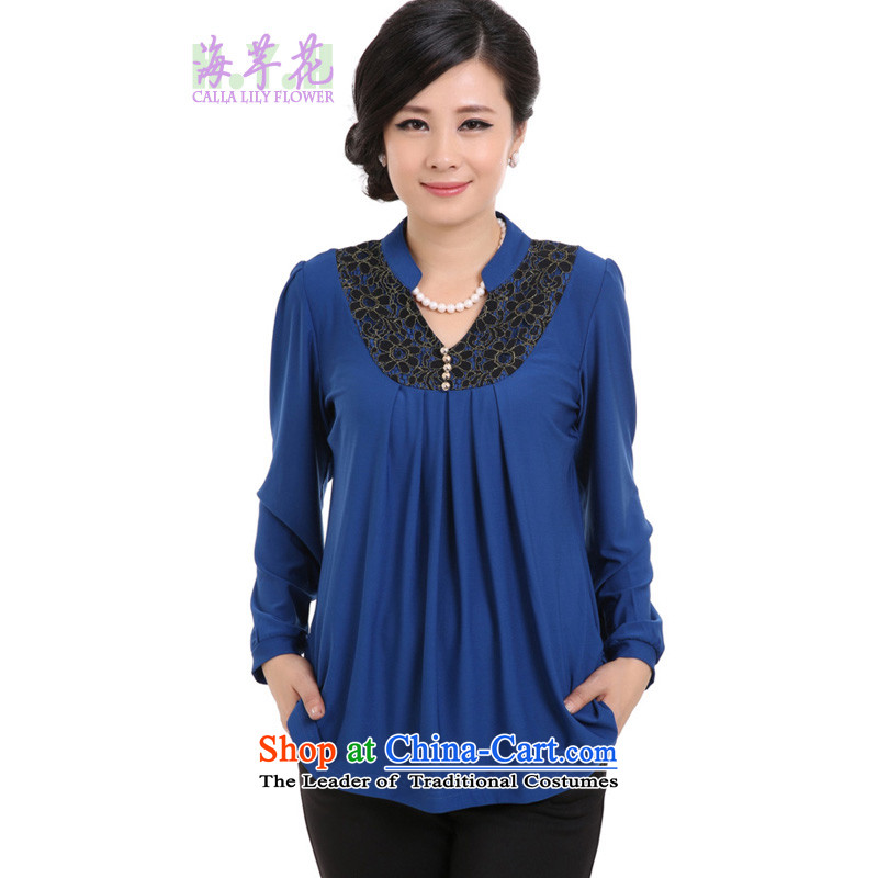 The sea route take the Korean version of the new Small collar lace stitching long-sleeved loose general_, forming the basis of the big code shirt 5A1376J BLUE XL