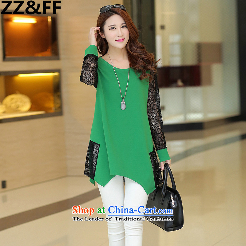 2015 Summer Zz&ff new Korean Version to increase women's code, long shirts lace stitching chiffon shirt green XXXXL,ZZ&FF,,, shopping on the Internet