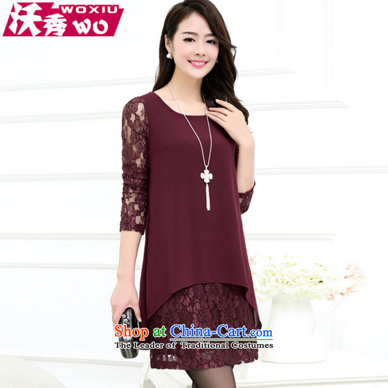 Sau?2015 Autumn Load Kosovo new long-sleeved sweater chiffon embroidery thick MM larger women's dresses?1242?wine red?4XL