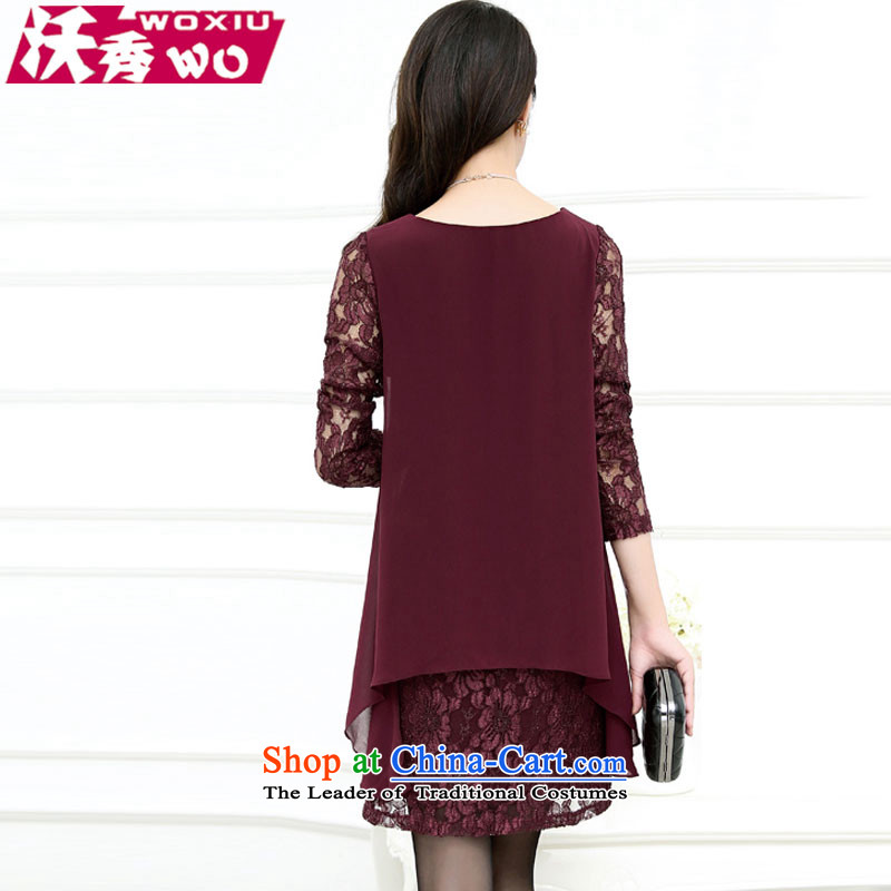 Sau 2015 Autumn Load Kosovo new long-sleeved sweater chiffon embroidery thick MM larger women's dresses 1242 wine red 4XL, Kosovo-soo (voshow) , , , shopping on the Internet