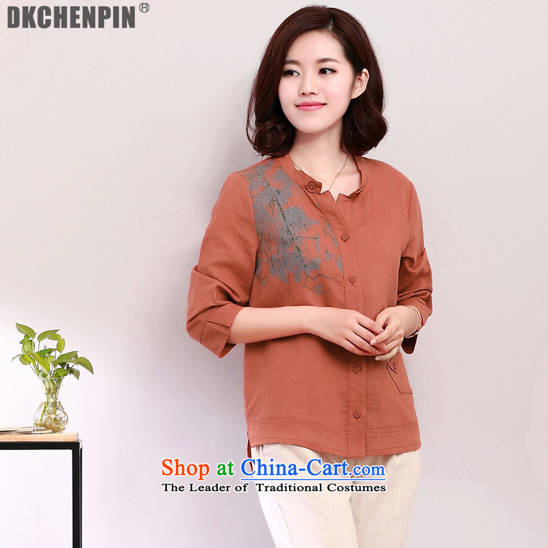 The fall in spring code dkchenpin shirt female cotton linen stamp on his breast shirts leisure Mock-Neck Shirt mother coat small linen with orange?L