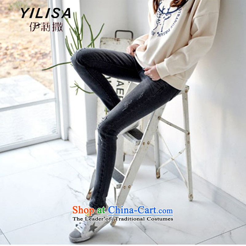 Elizabeth sub-large female new Korean autumn fashion of the hole in the elastic jeans thick MM autumn and winter CASUAL TROUSERS 200 catties jeans sub H6106 Smoke Gray 32 ms (YILISA sub-shopping on the Internet has been pressed.)