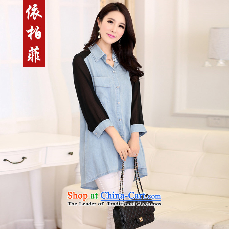 In accordance with the new 2015 perfect Fat MM to extra loose video thin chiffon stitching long cowboy yi shirt, blue 4XL, Y2091 girl in perfect (yibofei) , , , shopping on the Internet