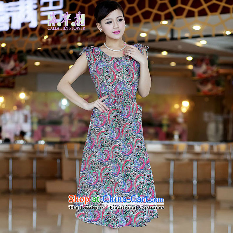 The sea route to spend the new Korean adjustable waist stamp pure cotton sleeveless summer female large apron skirt 5E1021J magenta retro flower 2XL