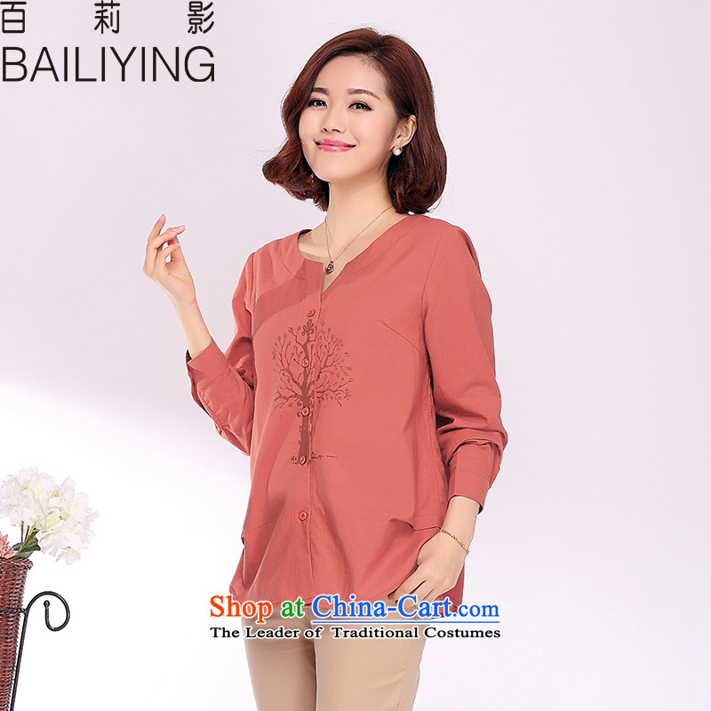Hundreds of Li Ying 2015 Spring and Autumn Women's clothes new original art cotton linen pure cotton short of large loose stamp long-sleeved T-shirt orange 2XL- 135-150 recommended that hundreds of Li Ying BAILIYING) , , , shopping on the Internet