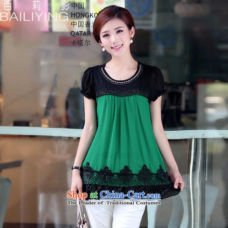 Hundred Li Ying 2015 Summer new short-sleeved T-shirt female Korean lace stitching large relaxd dress chiffon shirt thick green T-shirt , L, 100 mm (BAILIYING LI) , , , shopping on the Internet