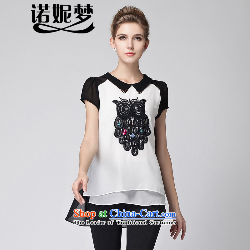 The Ni dream western chiffon shirt new 2015 summer to increase women's code thick mm owl embroidery stitching short-sleeved T-shirt female clothes y3261 White XXL