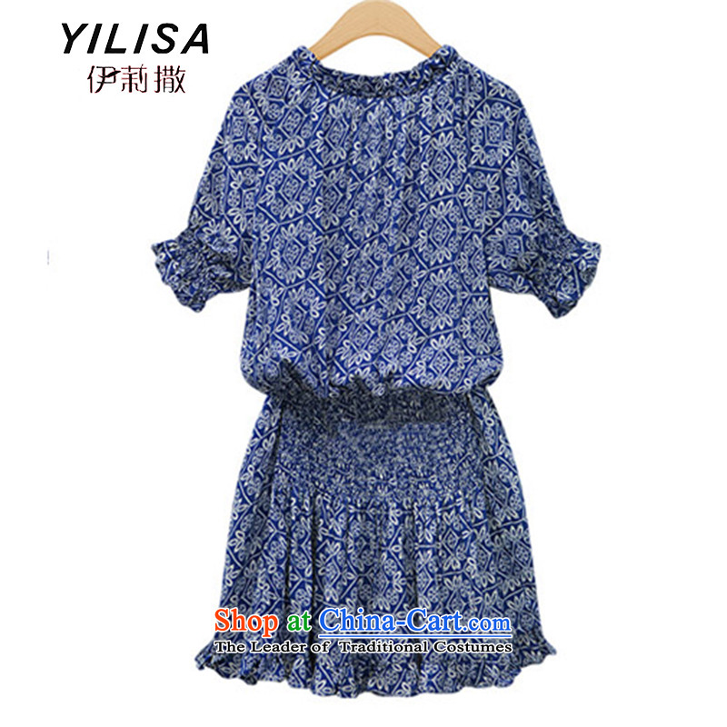 Maximum number of ladies YILISA video thin summer new western retro stamp cotton linen dresses thick mm Foutune of short-sleeved shirt M9802 skirts dark blue suit XXL, Elizabeth (YILISA sub-shopping on the Internet has been pressed.)