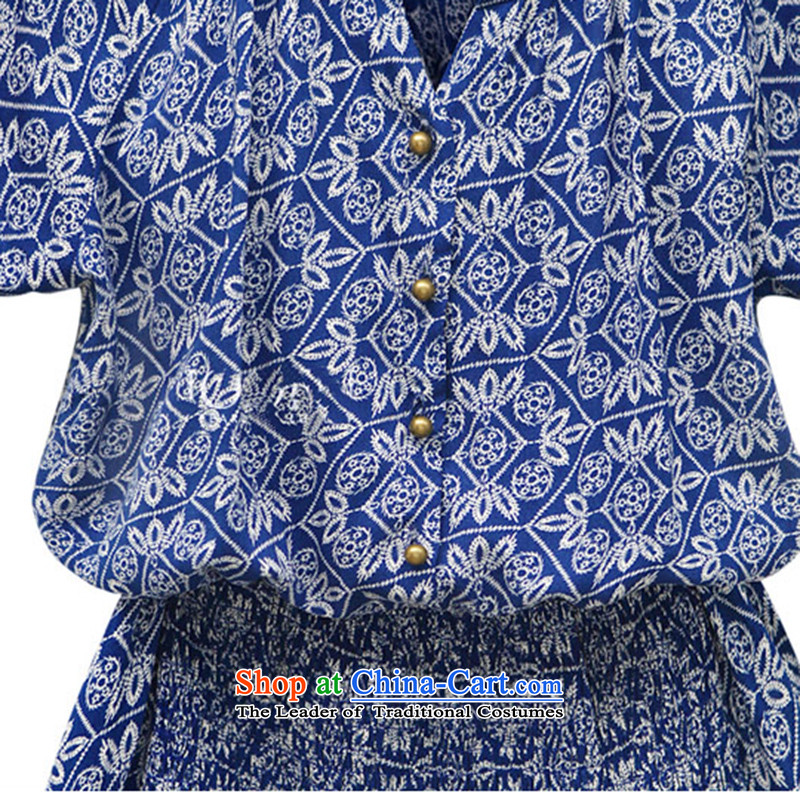 Maximum number of ladies YILISA video thin summer new western retro stamp cotton linen dresses thick mm Foutune of short-sleeved shirt M9802 skirts dark blue suit XXL, Elizabeth (YILISA sub-shopping on the Internet has been pressed.)